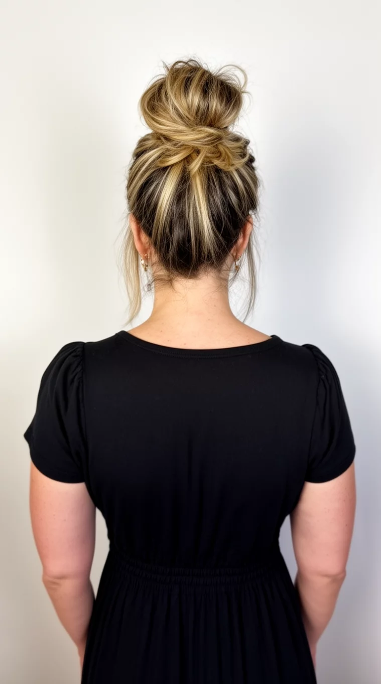 casual photo of a 35-year-old woman wearing a black dress with a high messy bun with blonde highlights hairstyle, back view, minimal background