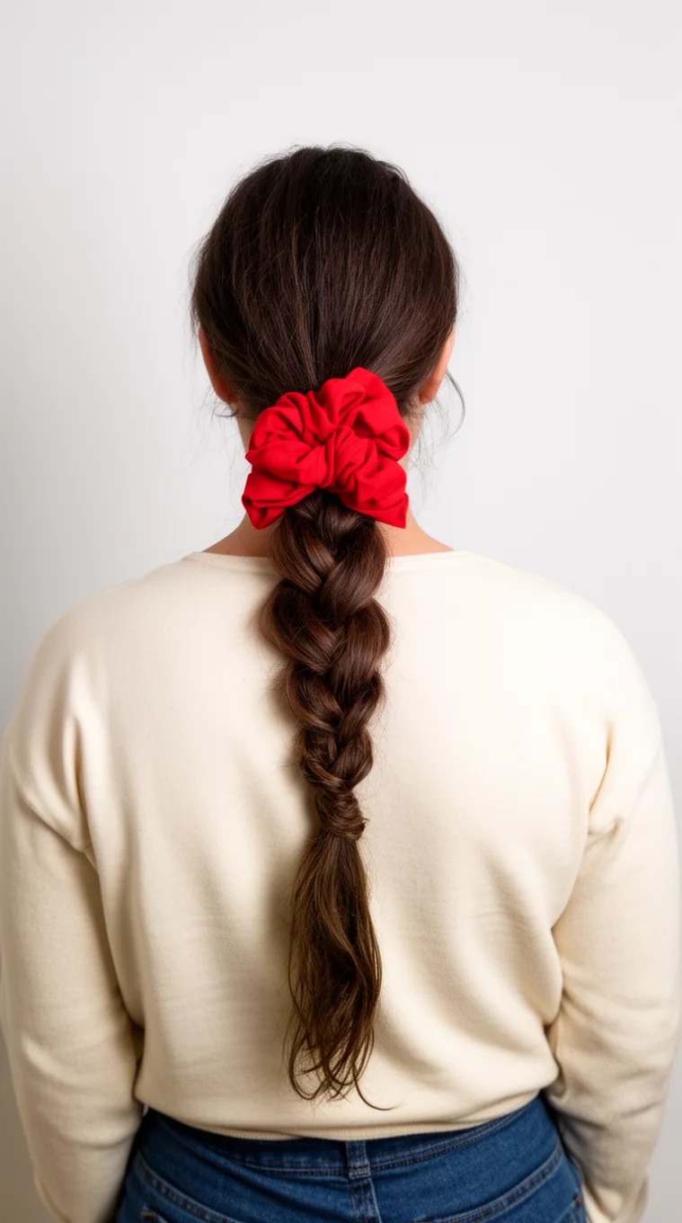 casual photo of a 38-year-old woman wearing a cream top with a long braided ponytail adorned with a large red scrunchie hairstyle, back view, minimal background