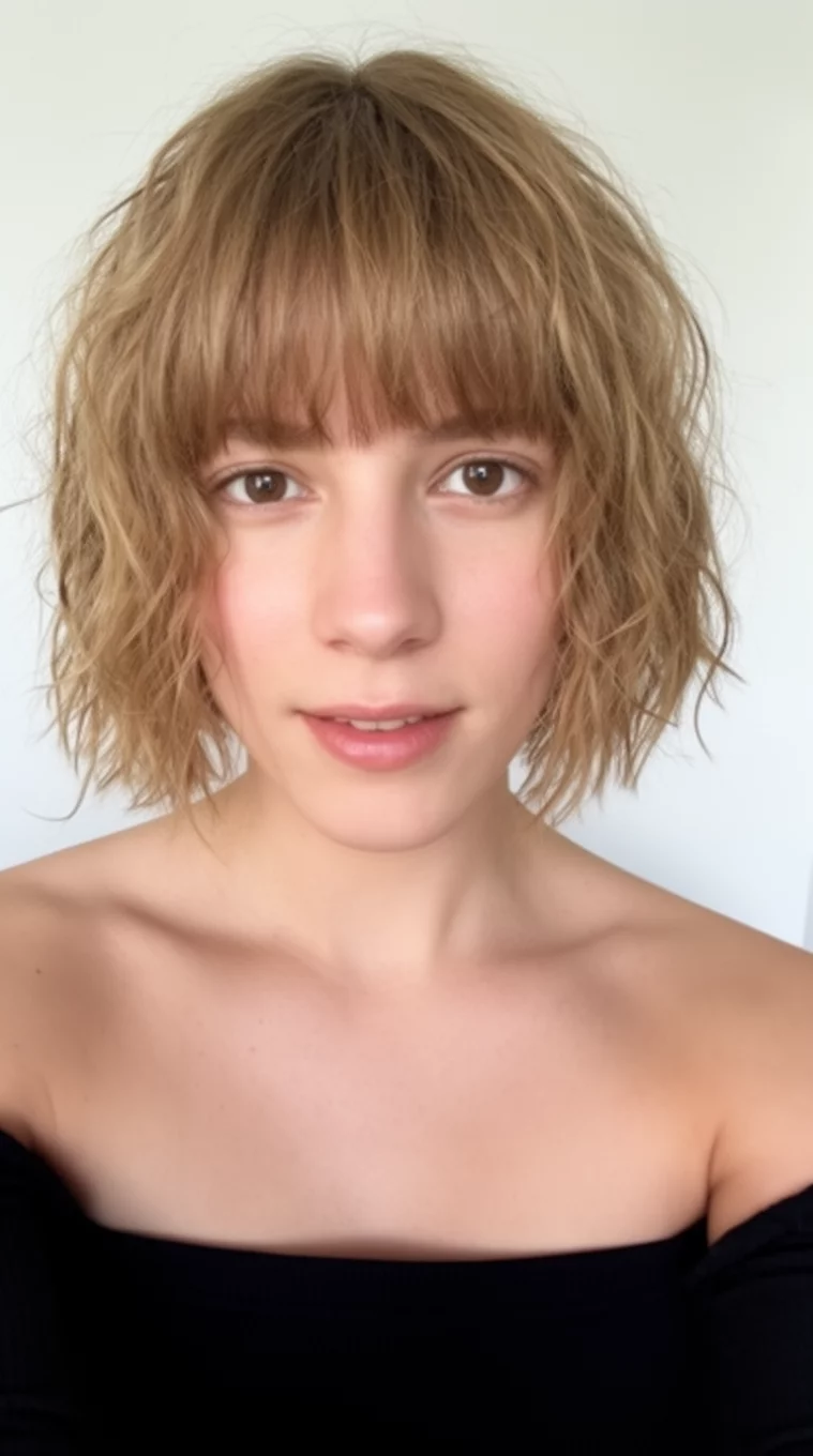 selfie of a 28-year-old woman wearing a black off-the-shoulder top with a chin-length tousled light brown hair and short bangs hairstyle, front view, minimal background