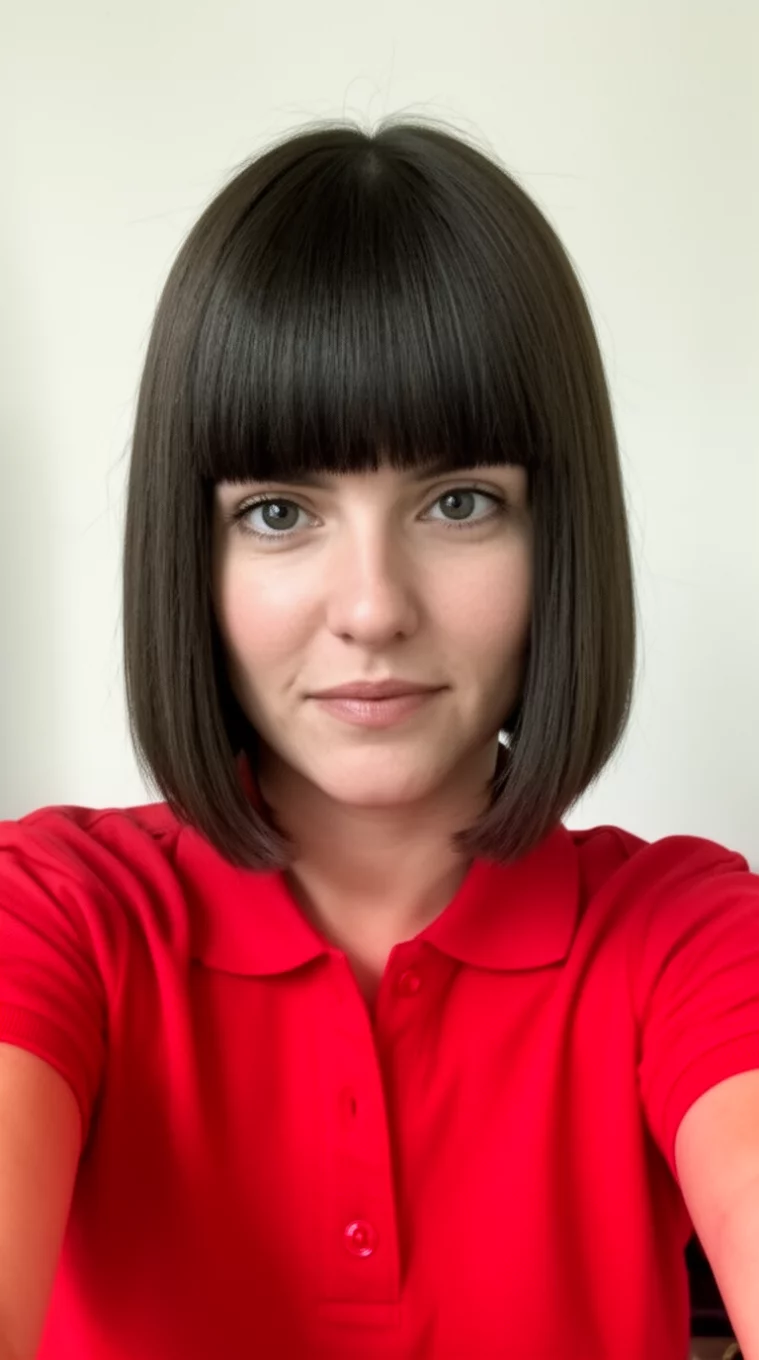 selfie of a 33-year-old woman wearing a red polo shirt with a dark brown hair in a sleek straight bob with straight-across bangs hairstyle, front view, minimal background