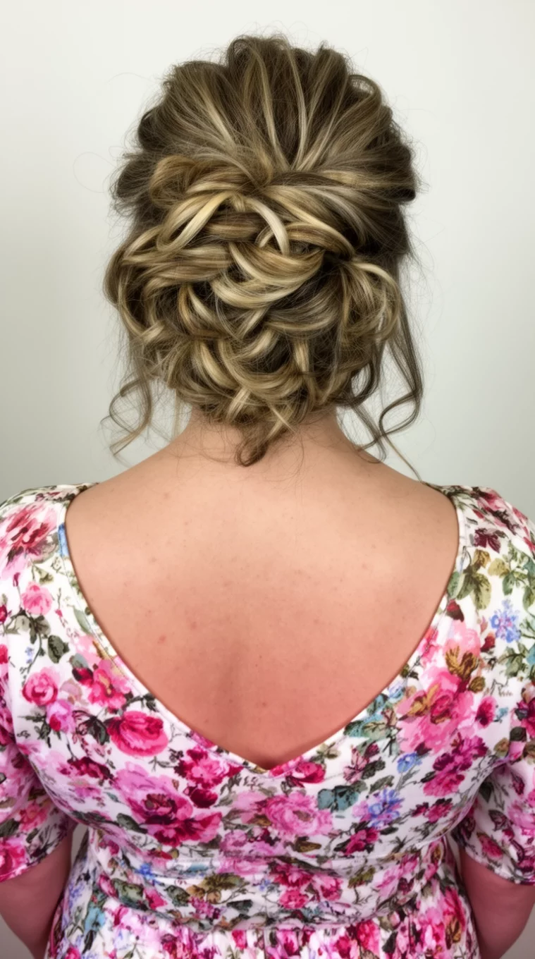 casual photo of a 42-year-old woman wearing a floral dress with a voluminous messy intricately pinned blonde and brown updo with loose tendrils hairstyle, back view, minimal background