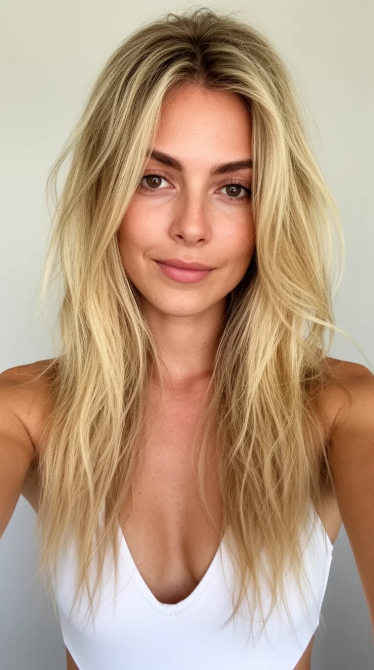 selfie of a 28-year-old woman wearing a white swimsuit with a long blonde hair cascading around her face hairstyle, front view, minimal background