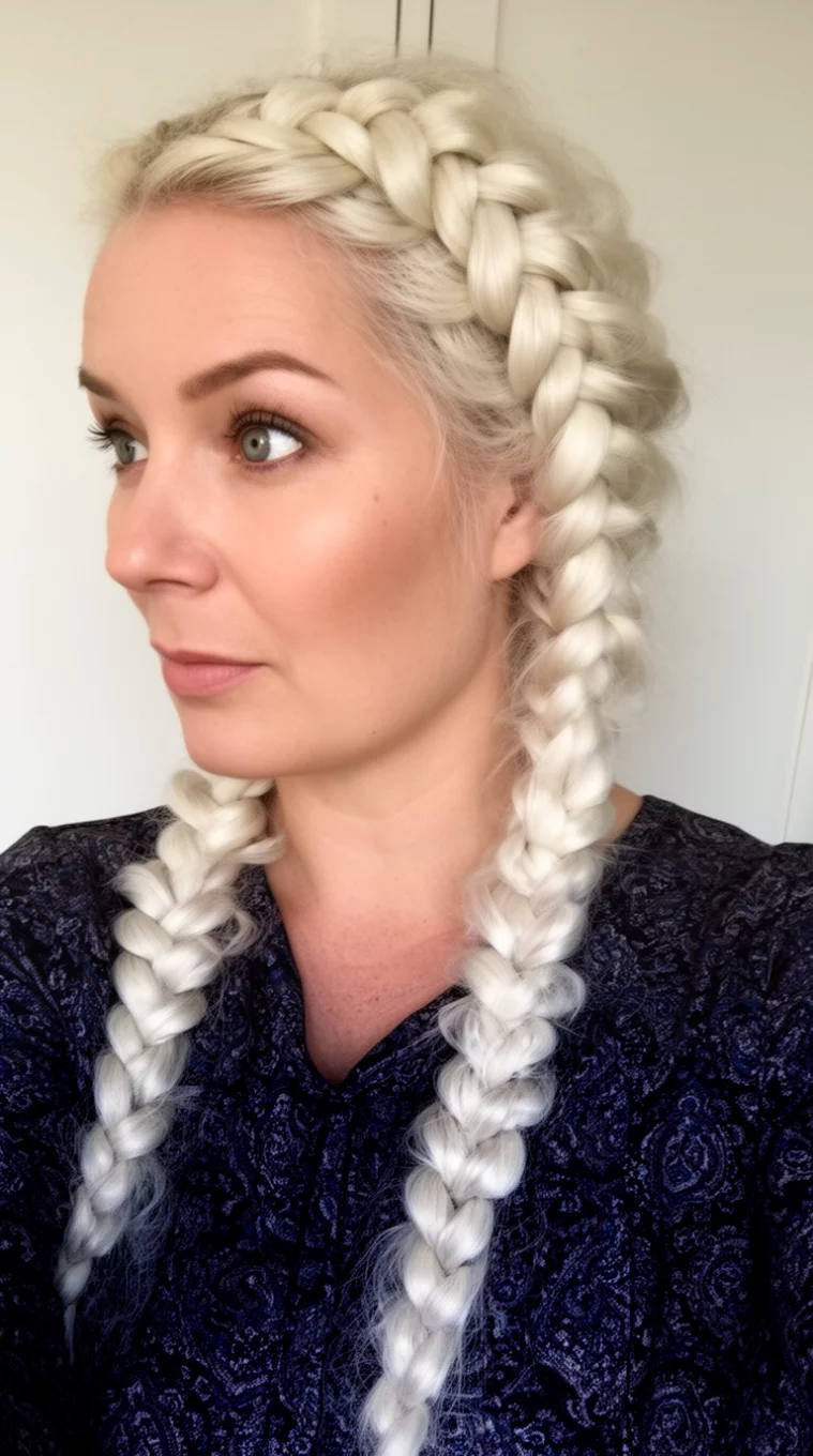 selfie of a 36-year-old woman wearing a dark patterned top with a voluminous platinum blonde hair in thick crown braids hairstyle, side view, minimal background