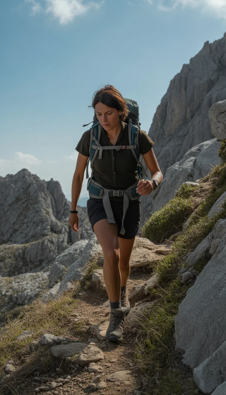 A beautiful 34-year-old woman in a dark olive shirt, black shorts, and robust hiking boots, wearing a backpack on rocky high-altitude terrain.