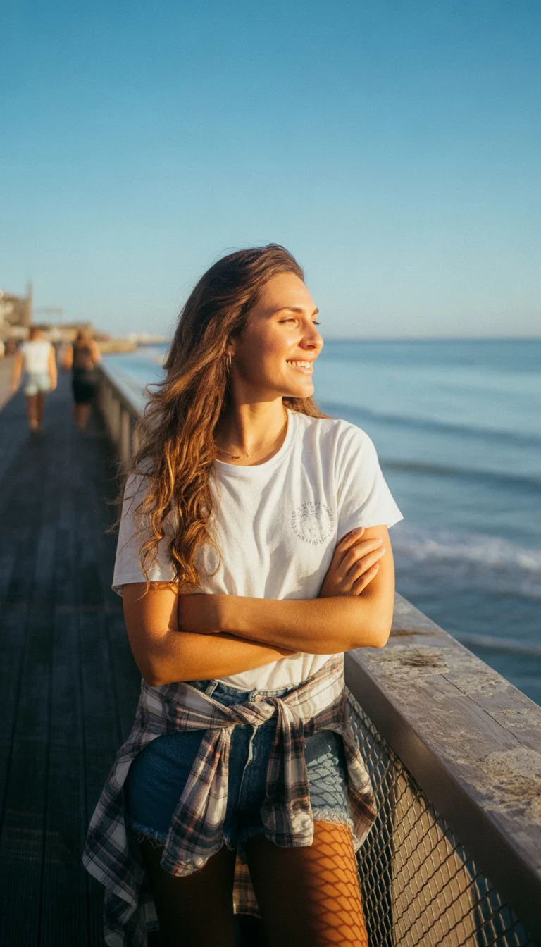 A beautiful 25-year-old woman in a white graphic t-shirt, denim shorts, and a plaid shirt tied around her waist, standing near a boardwalk.