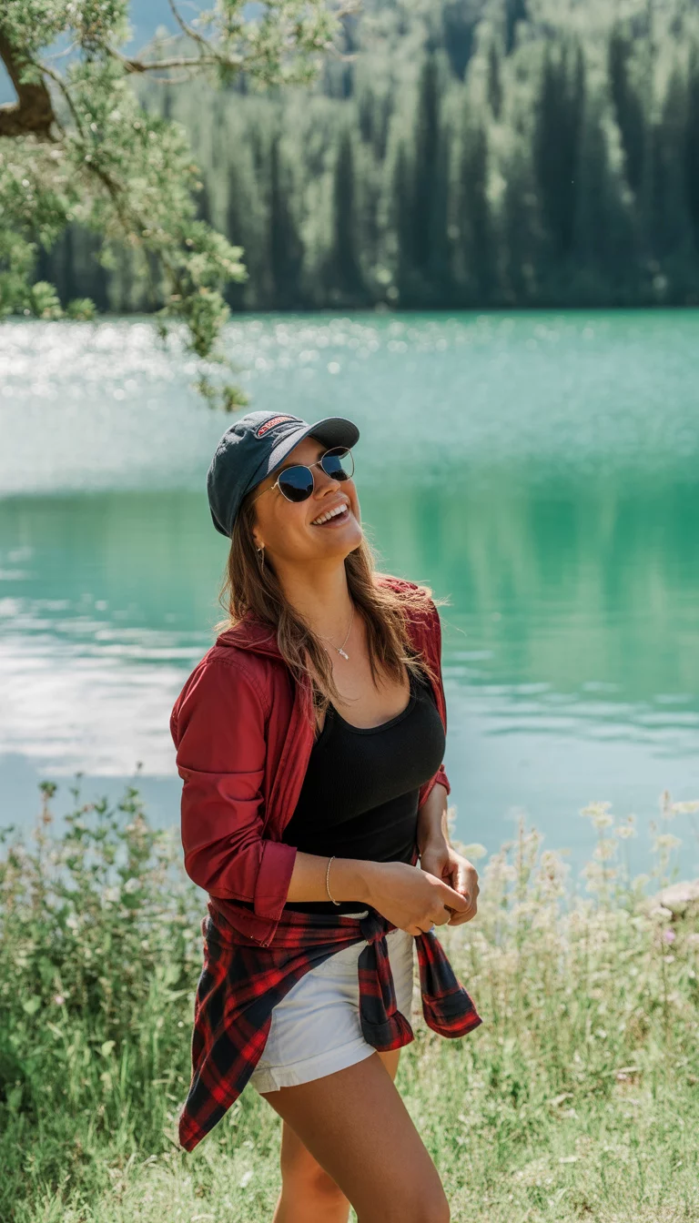 A beautiful 26-year-old woman in a black top, white shorts, and a red jacket with a plaid shirt tied at the waist, wearing sunglasses and a baseball cap near a turquoise lake.