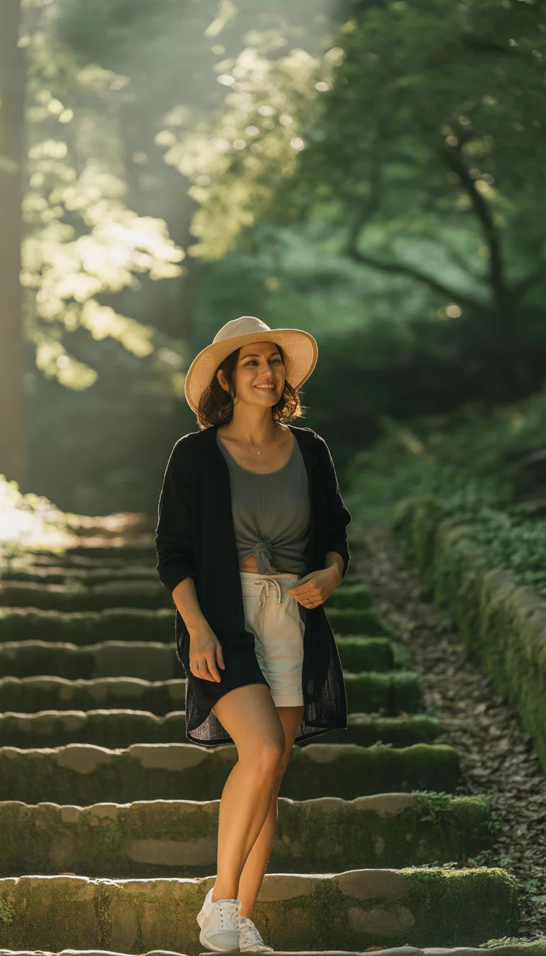 A beautiful 37-year-old woman in a black cardigan over a gray knotted top, beige shorts, a sun hat, and white sneakers, standing on stone stairs in a forest.