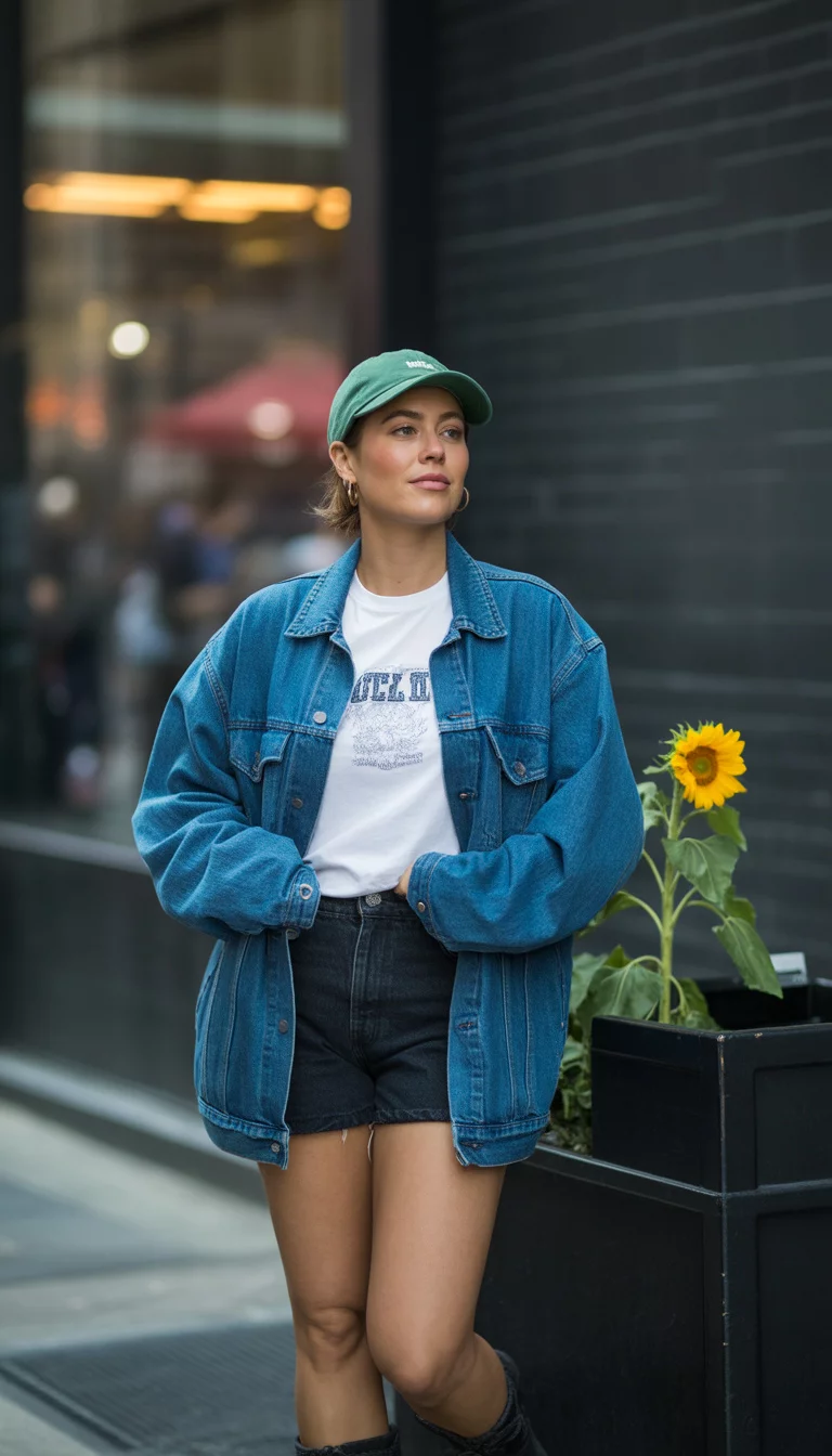 A beautiful 30-year-old woman in a white graphic tee, black shorts, a green baseball cap, oversized blue denim jacket, and sturdy black boots.