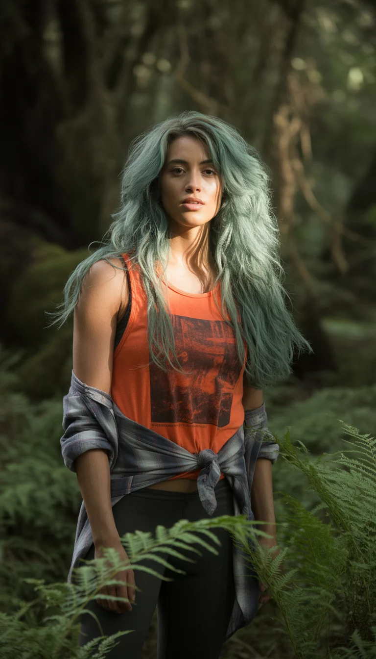 A beautiful 24-year-old woman with mint hair, in an orange graphic tank top, dark leggings, and a flannel shirt tied around her waist, standing in a dark forest.