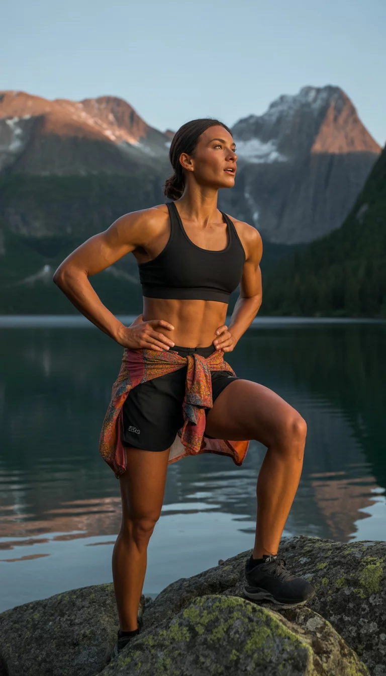 A beautiful 31-year-old woman in a black sports bra, black athletic shorts, and a patterned shirt tied around her waist, posing on rocks by a calm lake with mountains.