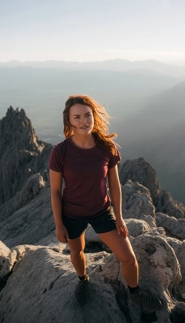 A beautiful 22-year-old woman in a maroon t-shirt, black shorts, and dark hiking shoes, standing on a rocky mountain summit.