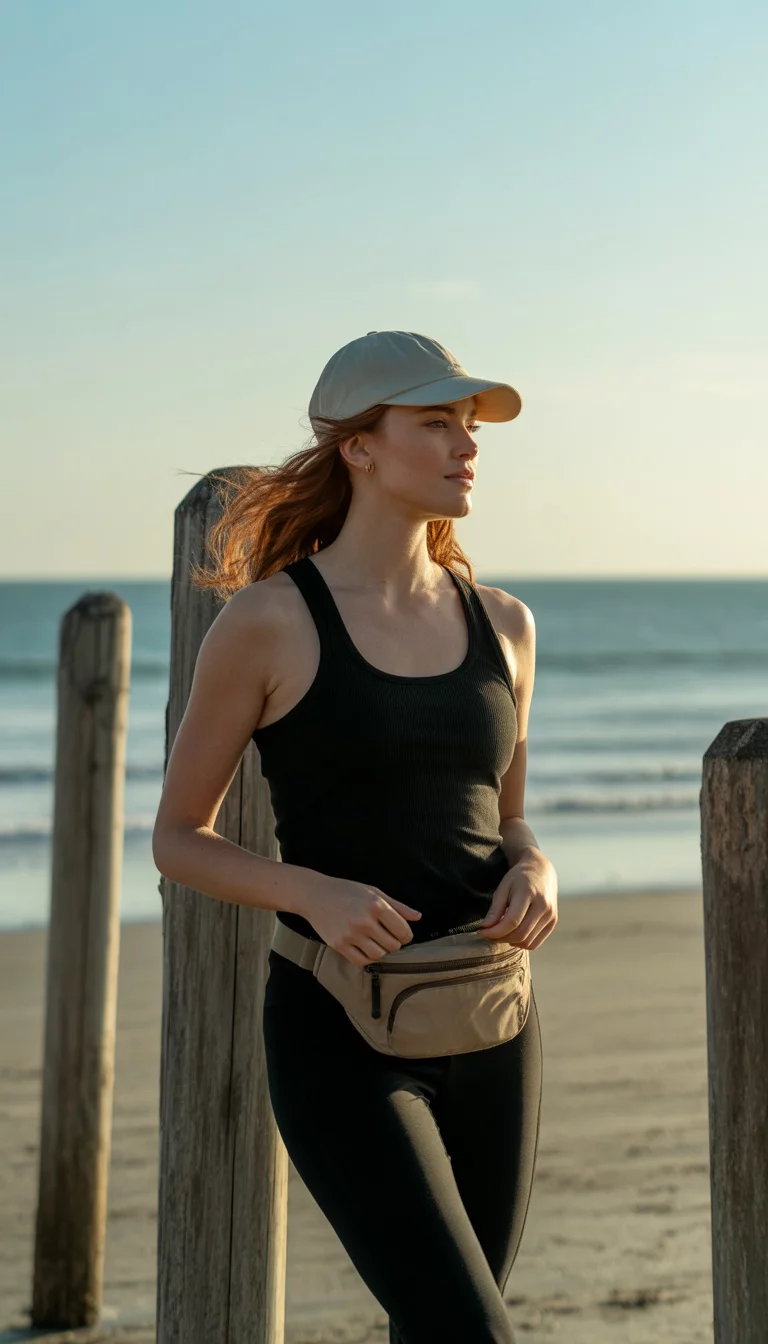 A beautiful 27-year-old woman in a black tank top, black leggings, beige cap, and a beige fanny pack, posing near wooden posts by the beach.