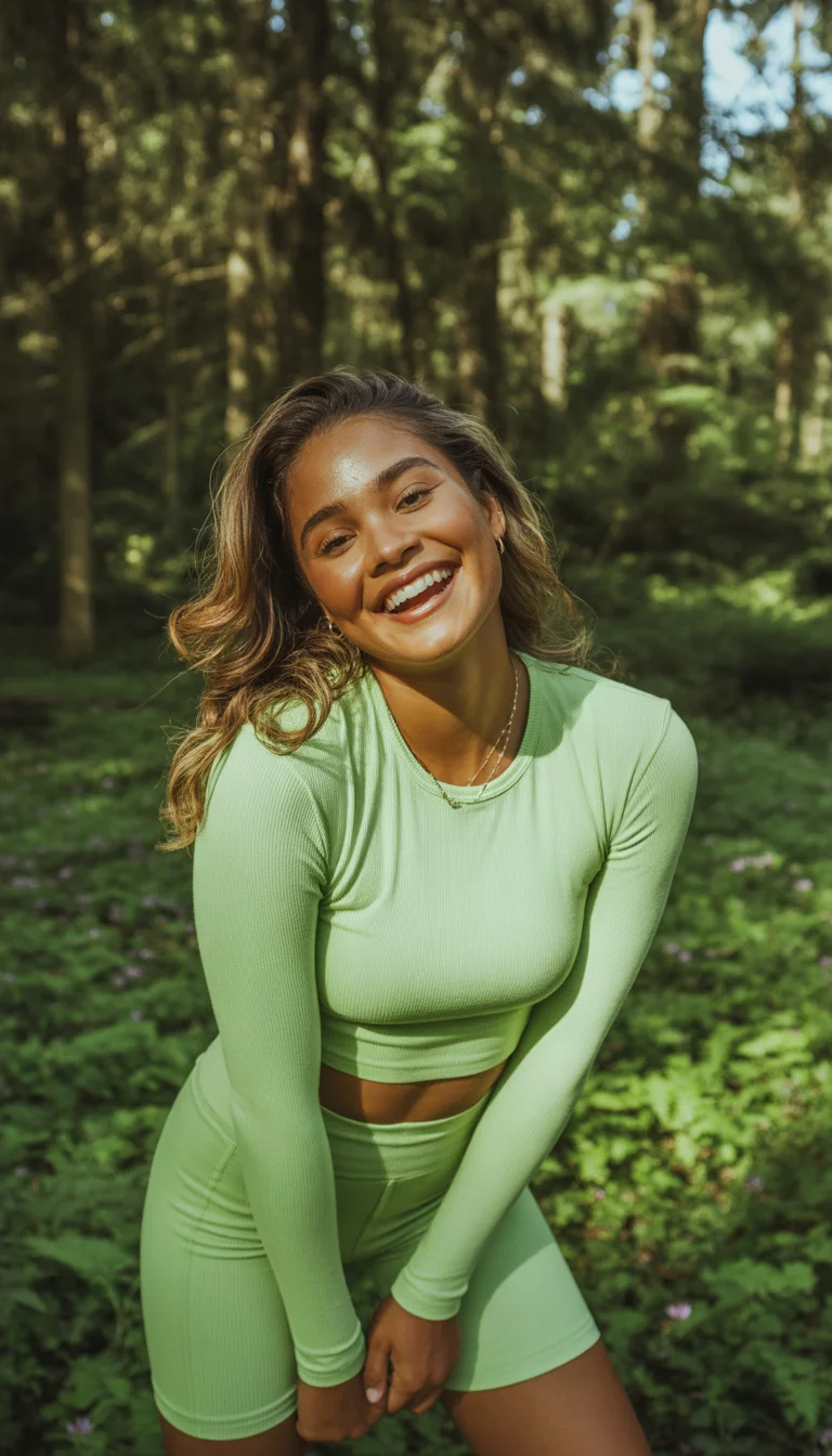 A beautiful 22-year-old woman in a pale mint green long-sleeve crop top and matching mint green bike shorts, posing joyfully in a sunny, dense woodland.