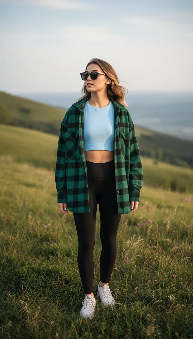 A beautiful 26-year-old woman in a light blue crop top, black leggings, sunglasses, and a green plaid flannel shirt open over them, standing on a grassy hillside.