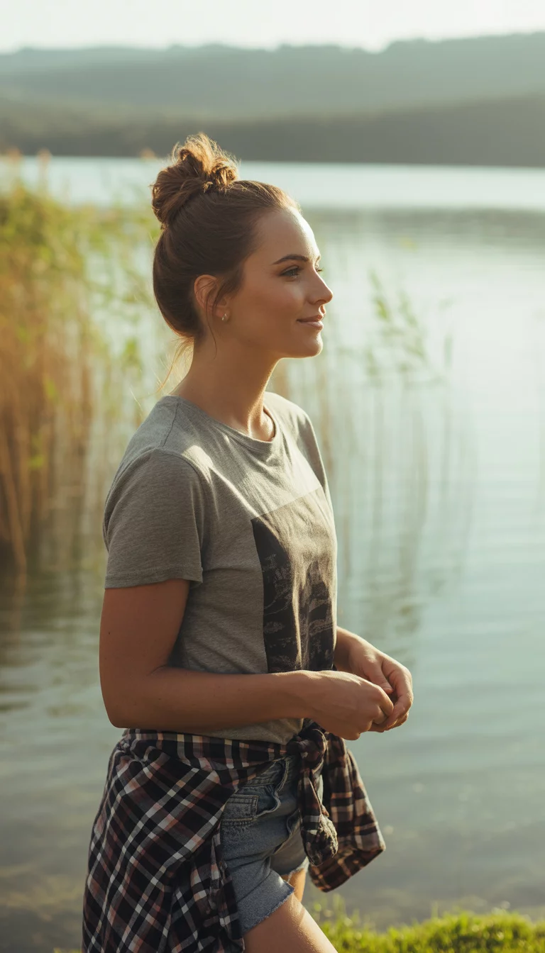 A beautiful 30-year-old woman in a grey graphic t-shirt, denim shorts, and a plaid shirt tied around her waist, standing by a body of water with her hair in a bun.