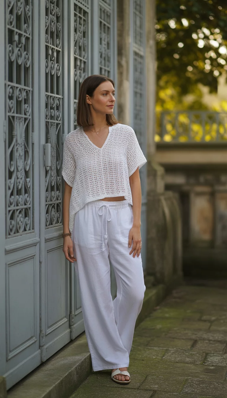 A beautiful woman in a white crocheted top, white wide leg linen pants with a drawstring, and white sandals, she stands outside a gray building with ironwork.