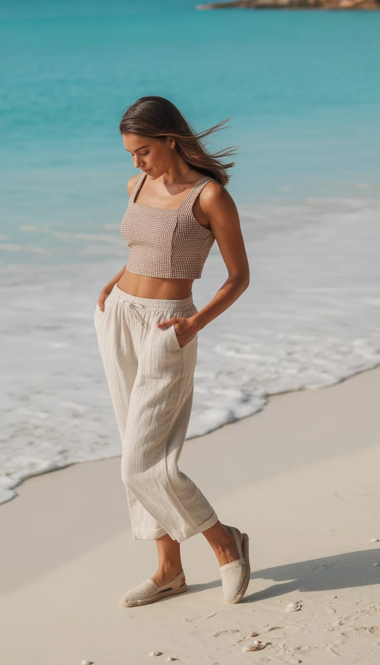 A beautiful woman in a brown gingham crop top, light beige linen pants with a drawstring, and espadrilles, she stands on sand near the water.
