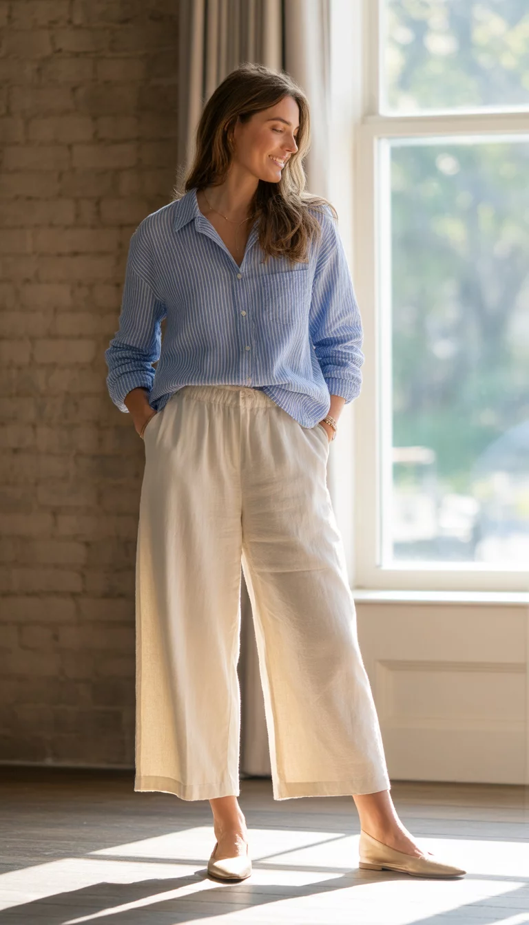 A beautiful woman in a blue striped button down shirt, wide cropped white linen pants, and beige flats, she stands indoors near a window and brick wall.