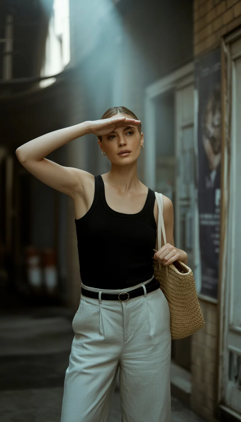 A beautiful woman in a black tank, light beige wide leg linen pants with a black belt, and a straw tote bag, she stands in a dark alley shielding her eyes.