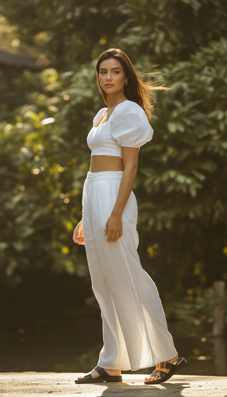 A beautiful woman in a white puff sleeve crop top, wide leg white linen pants, and dark sandals, she stands outdoors with green foliage in the background.