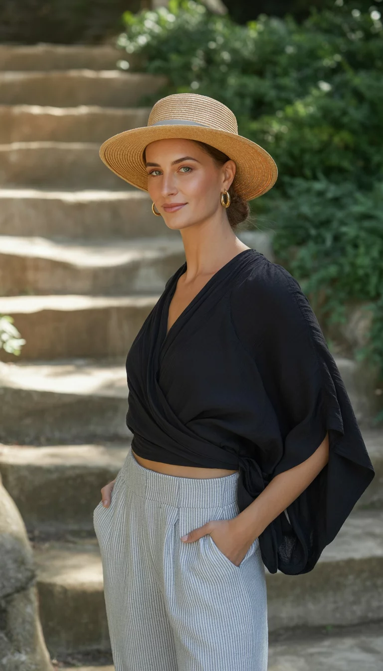 A beautiful woman in a black wrap top, light blue gray striped cropped linen pants, and a straw hat, she stands on natural stone steps in a sunny outdoor area.