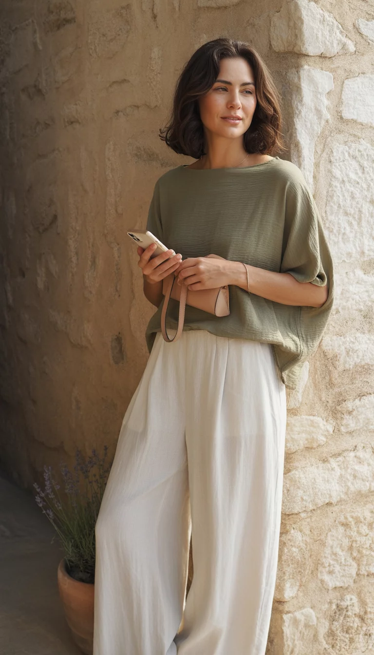 A beautiful woman in a loose olive boatneck top and wide leg white linen pants, she holds a phone and small bag against a textured stone wall.