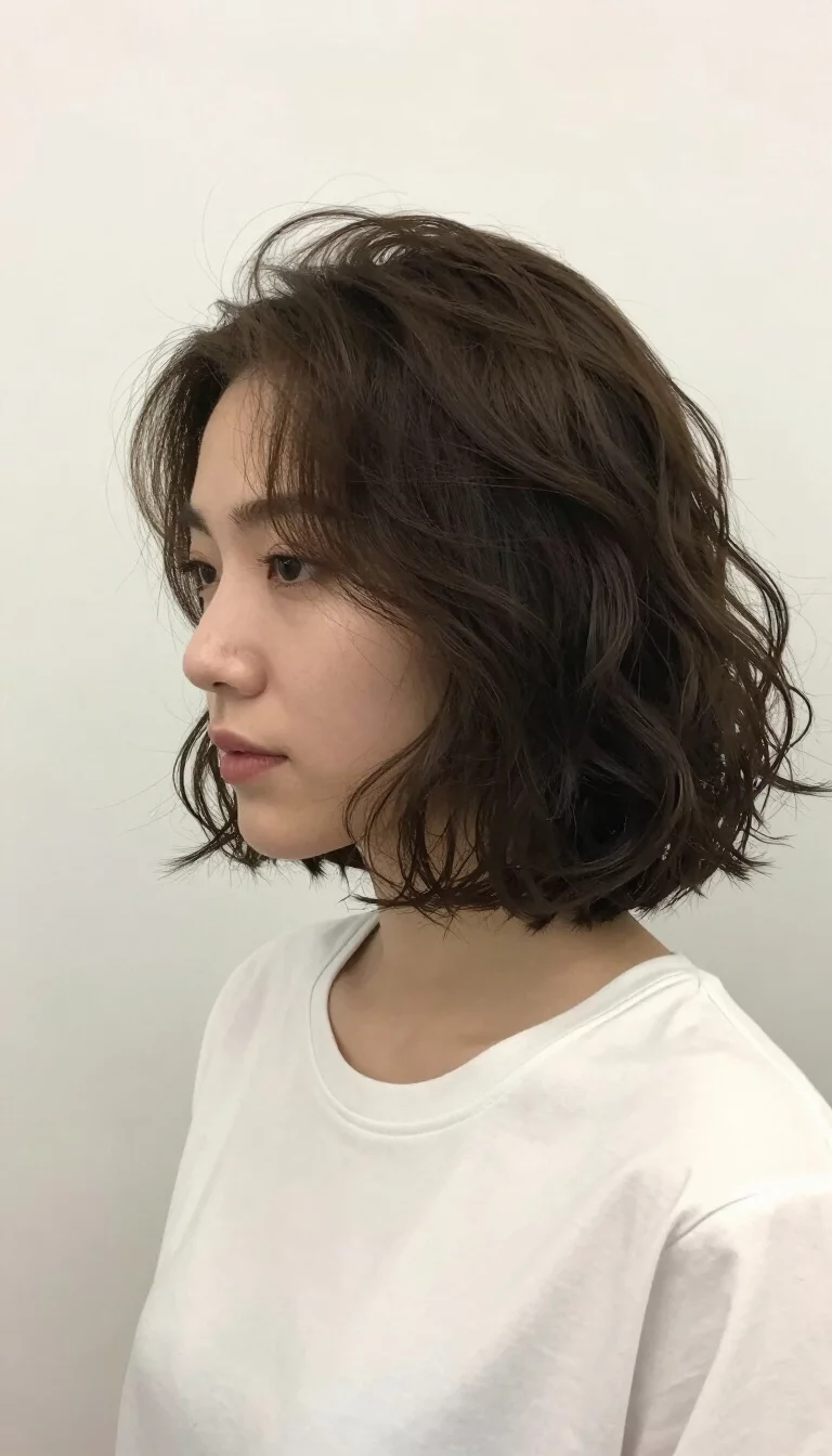 selfie of a 32-year-old woman wearing a white top with a very short dark brown wavy bob hairstyle, side view, minimal background