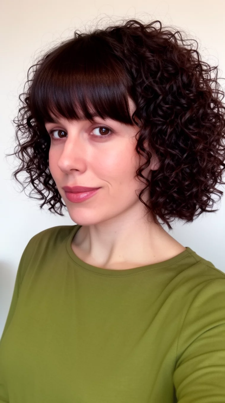 selfie of a 34-year-old woman wearing an olive green top with a voluminous short dark brown curly hair and bangs hairstyle, side view, minimal background