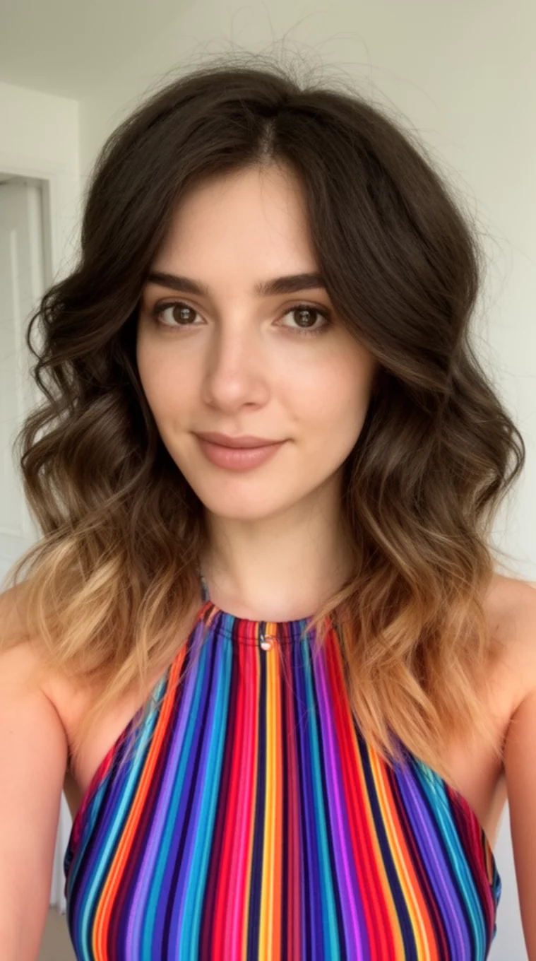 selfie of a 29-year-old woman wearing a multicolored striped halter top with a dark brown wavy medium-length cut and lighter ends hairstyle, front view, minimal background