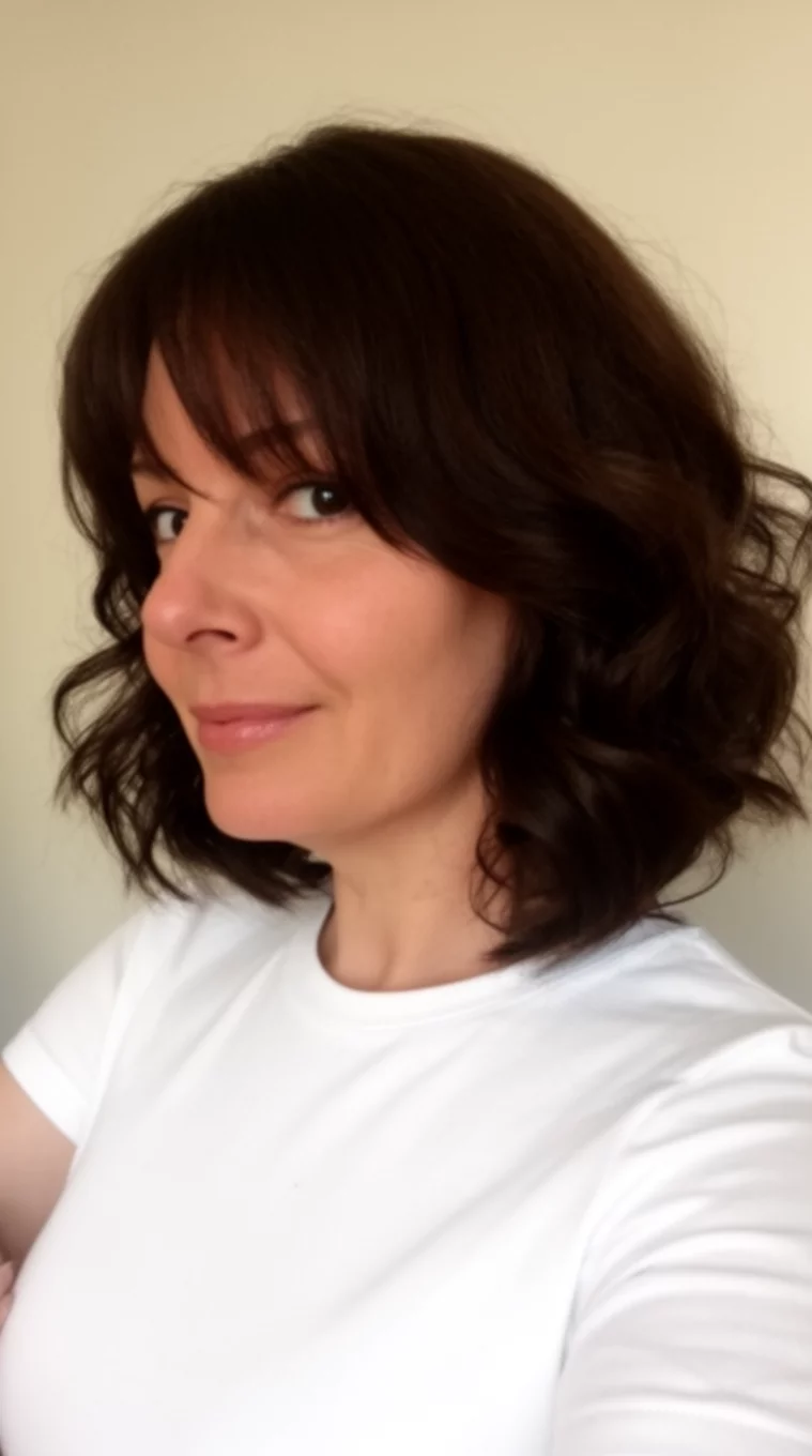 selfie of a 41-year-old woman wearing a white top with a dark brown wavy medium-length bob hairstyle, side view, minimal background