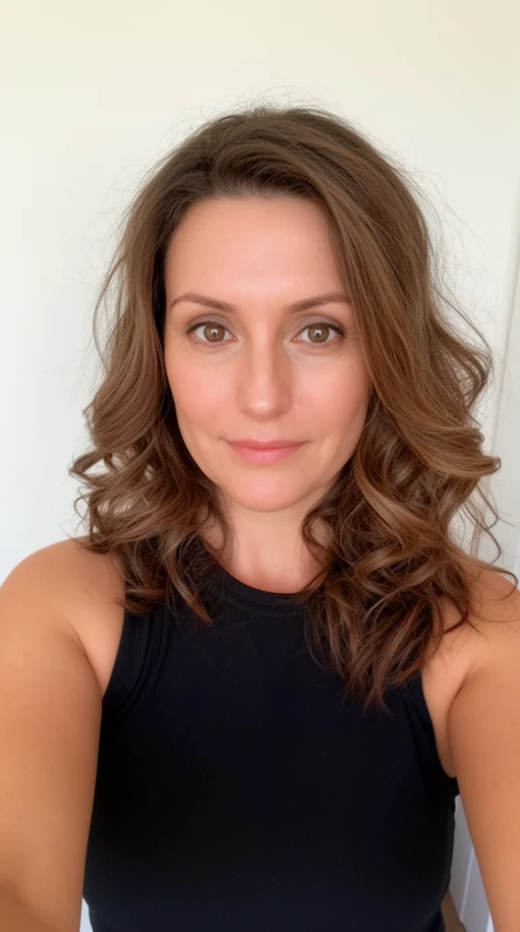 selfie of a 38-year-old woman wearing a black sleeveless top with a medium wavy brown hair styled loosely hairstyle, front view, minimal background