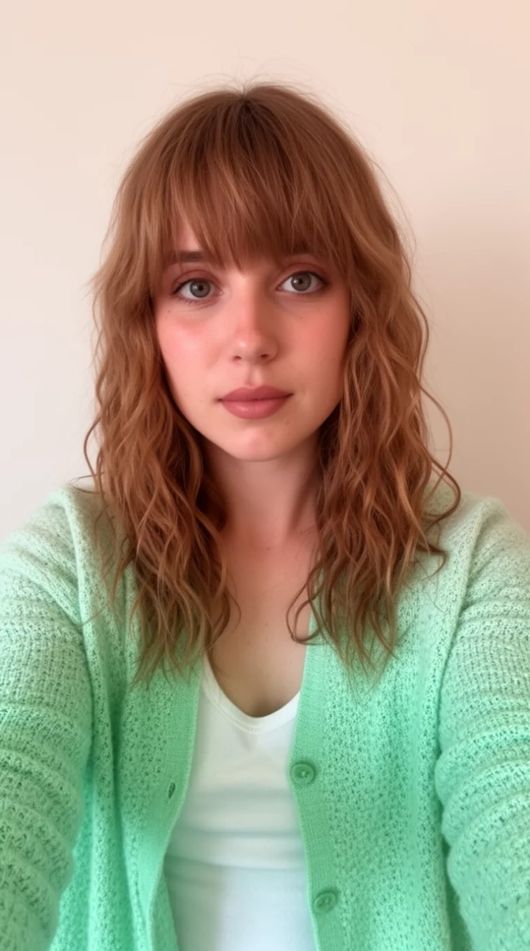 selfie of a 27-year-old woman wearing a mint green textured cardigan over a white top with a medium-length wavy light brown hair with bangs hairstyle, front view, minimal background
