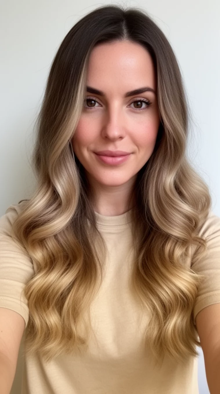 selfie of a 31-year-old woman wearing a beige t-shirt with a long wavy light brown to blonde ombre hair hairstyle, front view, minimal background