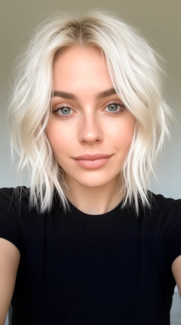 selfie of a 28-year-old woman wearing a black top with a platinum blonde tousled medium-length bob hairstyle, front view, minimal background