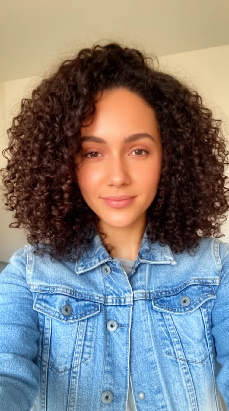 selfie of a 30-year-old woman wearing a denim jacket with a voluminous medium-length dark curly hair hairstyle, front view, minimal background