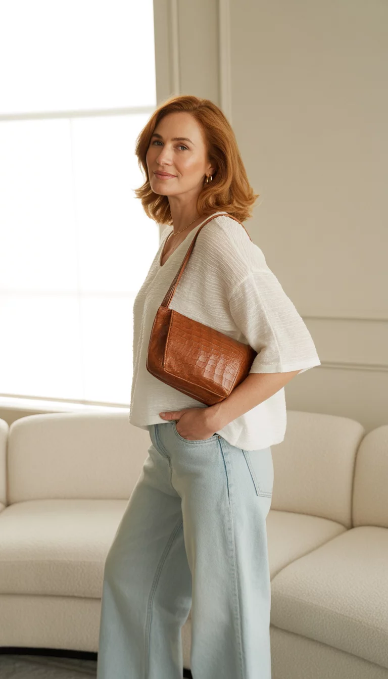 Textured Knit Top And Wide Leg Jeans With Ostrich Bag A beautiful middle-aged woman in a white textured knit top, light wash wide-leg denim jeans, and a brown ostrich-textured crossbody bag, standing indoors.