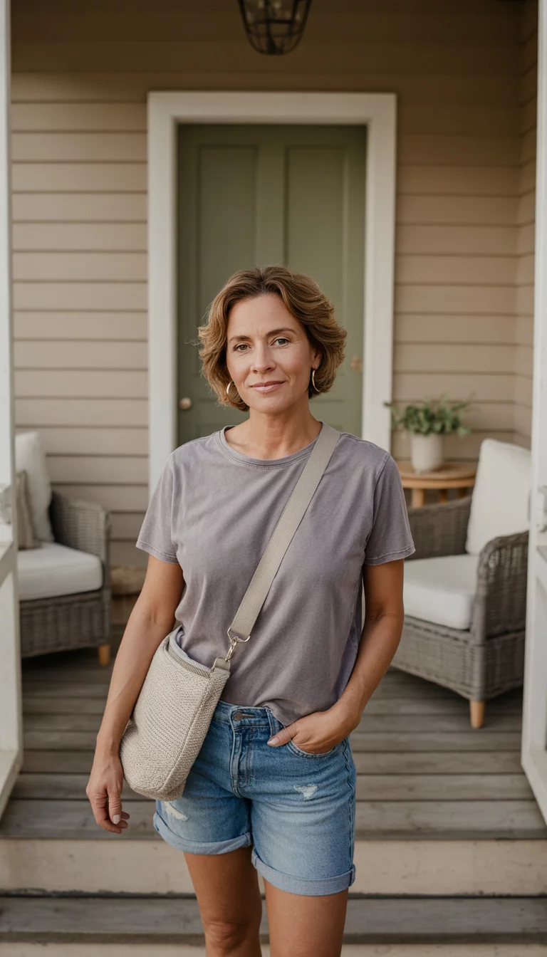 Grey T-shirt And Distressed Denim Shorts With Crossbody Bag A beautiful middle-aged woman in a grey t-shirt, distressed denim shorts, and a beige crossbody bag, standing on a covered porch with light wood flooring and neutral patio furniture.