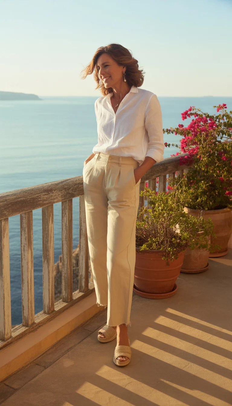 White Button Down And Beige Raw Hem Pants A beautiful middle-aged woman in a white button-down shirt, high-waisted beige raw-hem pants, and woven wedge sandals, standing on a coastal balcony.