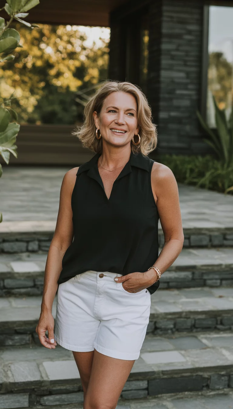Black Collared Sleeveless Top And White Denim Shorts A beautiful middle-aged woman in a black sleeveless collared top, white denim shorts, and minimal gold jewelry, standing on stone steps outside a modern home with dark stone accents.