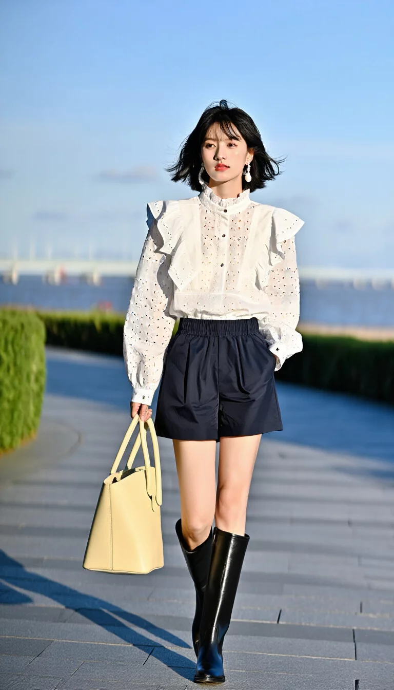 full-body fashion photograph of a 25-year-old woman strolling on a paved waterfront path wearing a white ruffled eyelet blouse and dark navy athletic shorts with glossy black mid-calf boots, carrying a pale yellow bag, afternoon sun, soft breeze effect, playful summer aesthetic