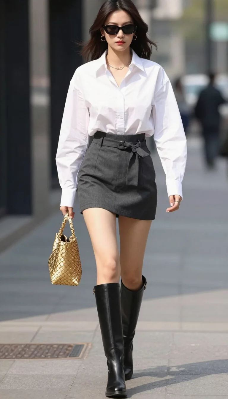 full-body fashion photograph of a 31-year-old woman walking on a sidewalk wearing a white cropped button-up shirt tucked into a dark grey belted mini skirt with tall black riding boots, woven gold bag, afternoon sun, polished urban style