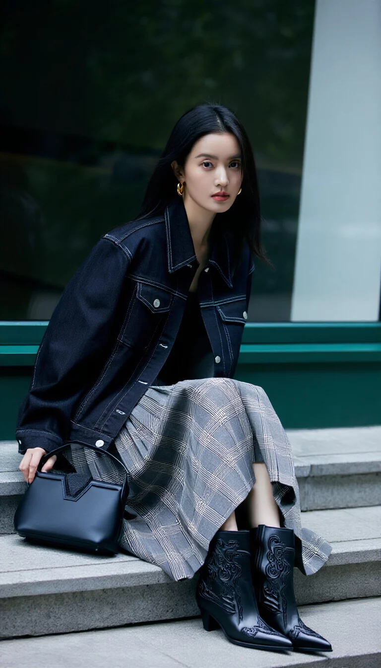 full-body fashion photograph of a 24-year-old woman sitting on stone steps wearing a dark wash denim jacket and a grey plaid pleated midi skirt with ornate black pointed boots, carrying a black structured bag, moody lighting, academic chic style
