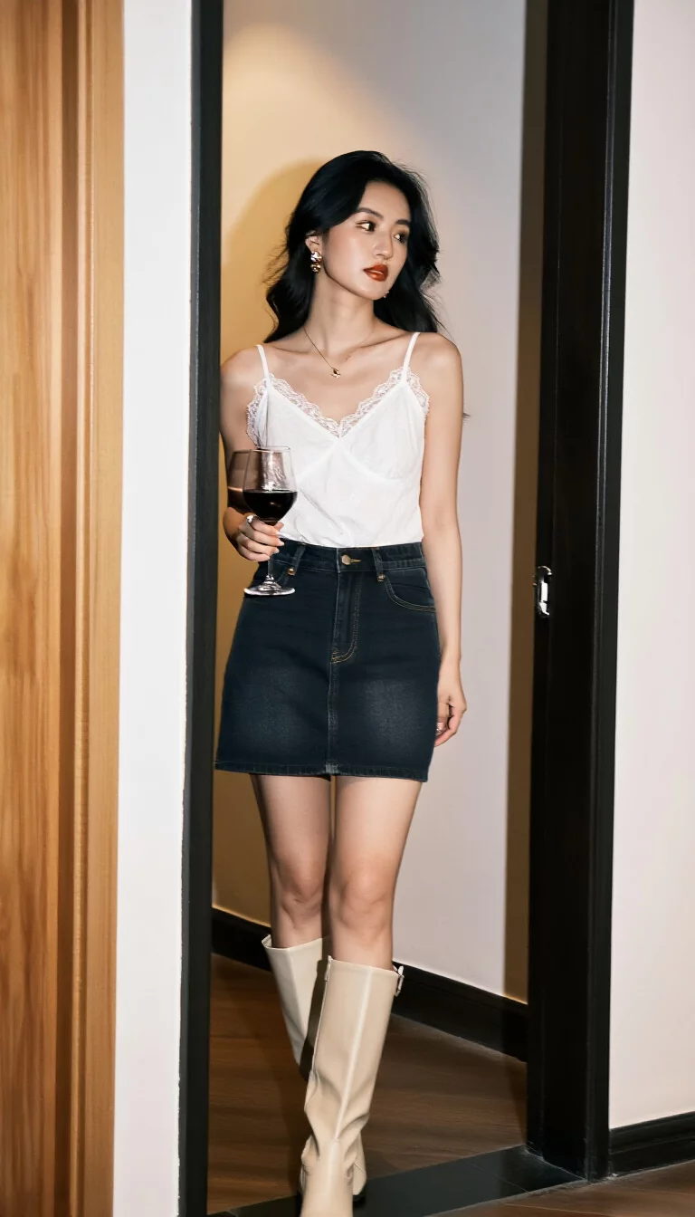 full-body fashion photograph of a 27-year-old woman standing in a door frame wearing a white lace-trimmed camisole and a dark denim mini skirt with cream-colored knee-high boots, holding a glass of red wine, soft indoor lighting, relaxed evening mood