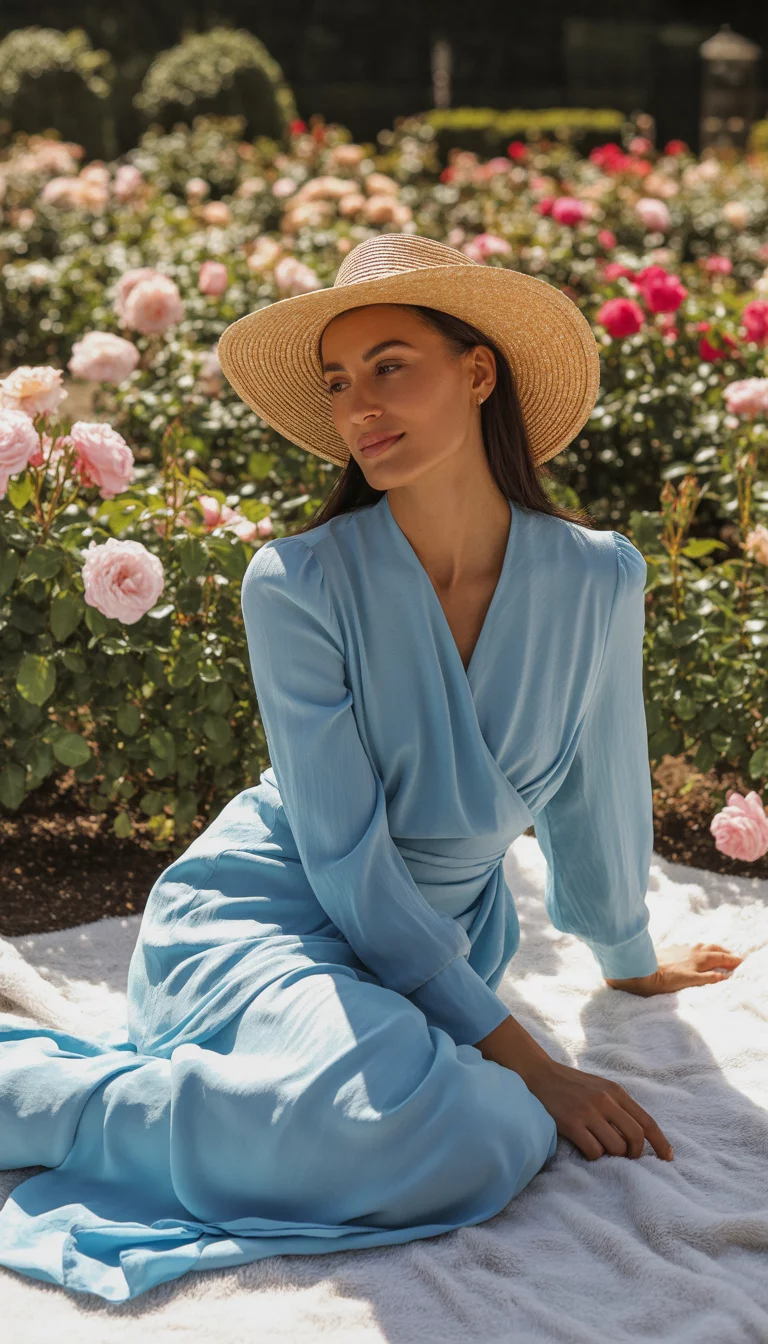 A beautiful woman in a light blue long-sleeved wrap dress and a wide-brim straw hat, sitting on a white blanket in a manicured garden.