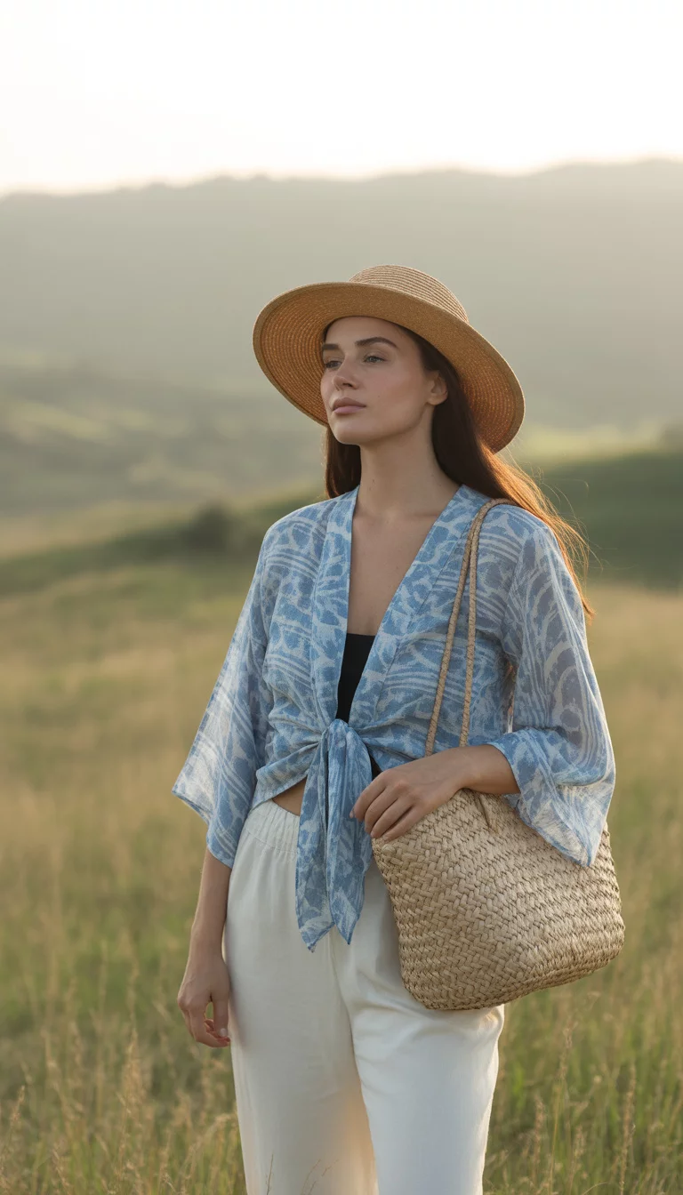 A beautiful woman in a blue and white patterned tie-front kimono top, white pants, and a wide-brim straw hat, she carries a straw bag.