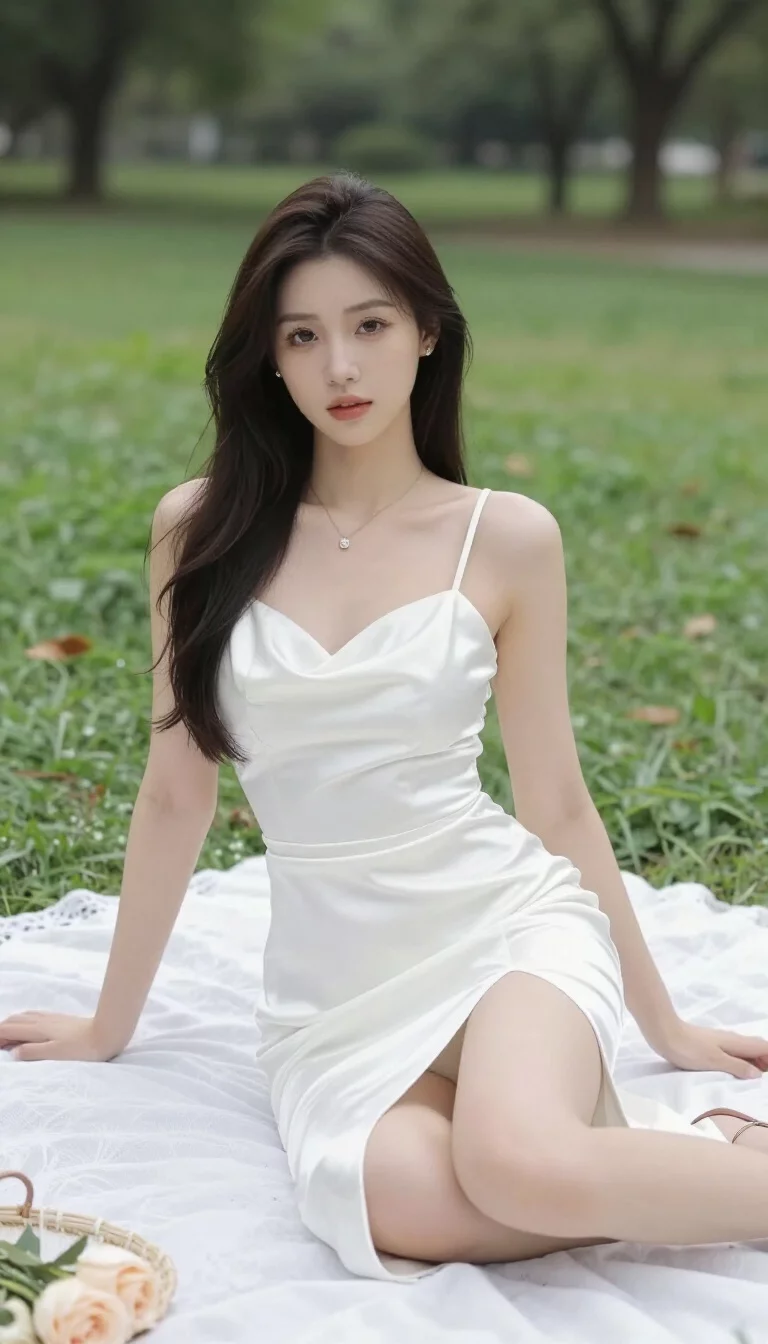 A beautiful woman in a white satin spaghetti-strap dress with a thigh-high slit, sitting on a white picnic blanket in a lush park setting.