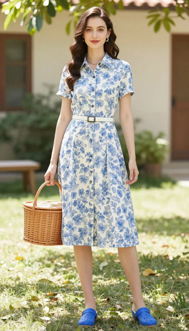 A beautiful woman in a blue and white floral button-up dress cinched with a white belt and blue clogs, she stands outside in a sunny yard holding a picnic basket.