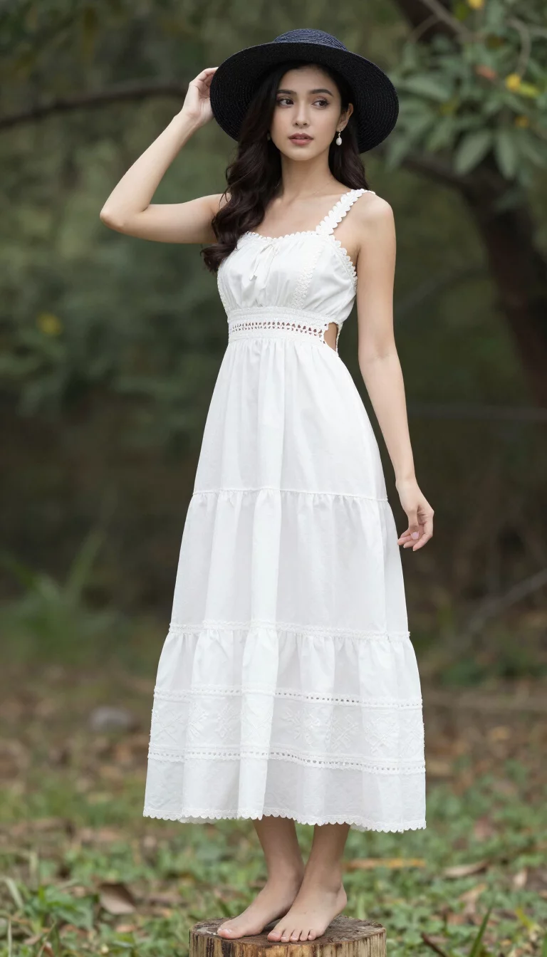 A beautiful woman in a white scalloped-neck maxi dress with side cutouts and a dark straw hat, standing barefoot on a wooden stump outdoors.