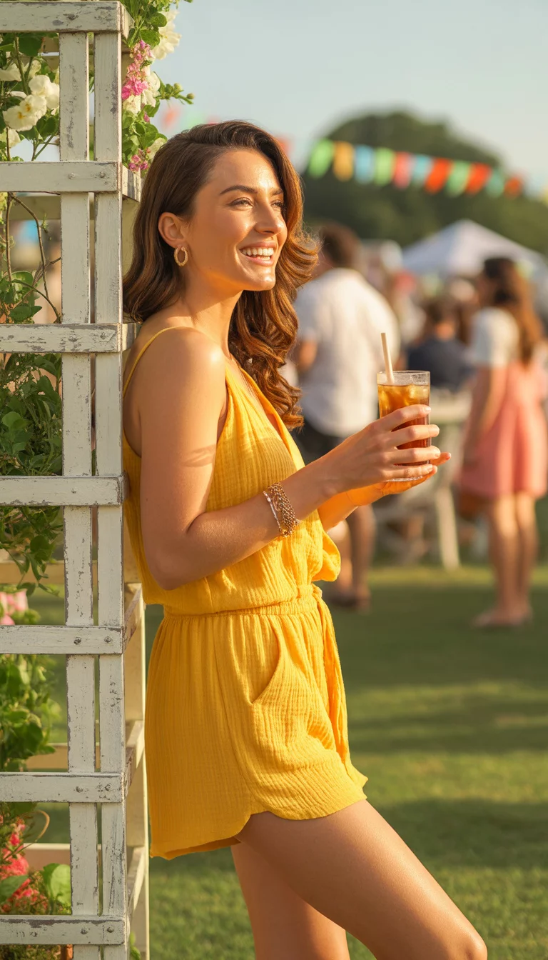 A beautiful woman in a yellow textured romper, she stands near a white lattice structure at an outdoor event holding a drink.