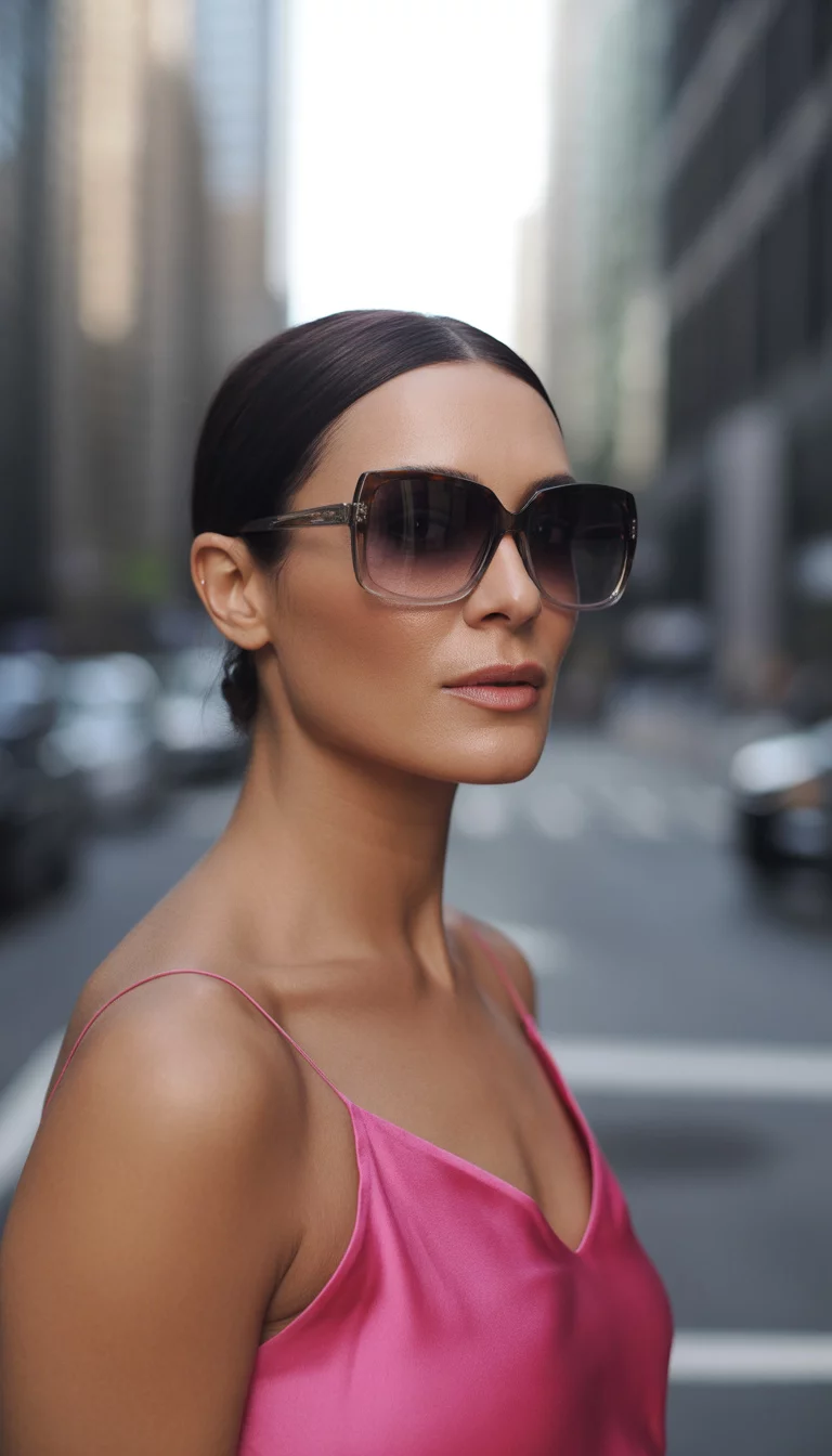 A beautiful 45-year-old woman with dark hair pulled back wearing large angular tortoise-like frame sunglasses with dark gradient lenses and a vibrant pink satin camisole.